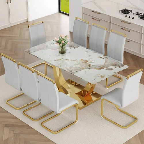 Miniatura 21 de Juego de Mesa de Comedor Negra para 6, Mesa de Comedor de Mármol Falso de 71" para 6, Juego de Mesa de Cocina Rectangular con Sillas de Cuero PU
