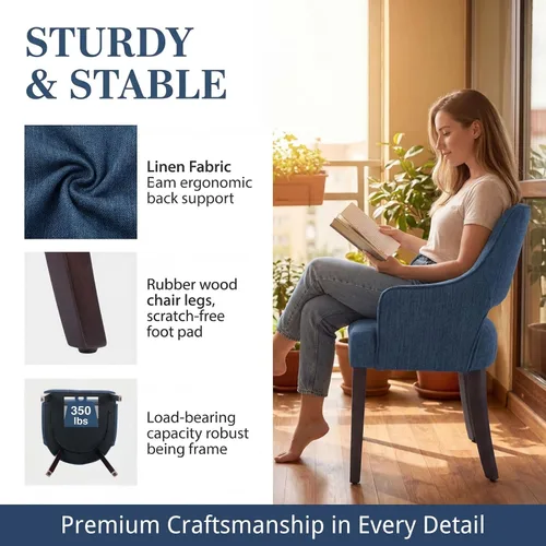 Miniatura 6 de Juego de 2 Sillas de Comedor Estilo Granja Tapizadas de Lino para Cocina, Sillas Laterales de Acento con Patas de Madera Maciza/Reposabrazos