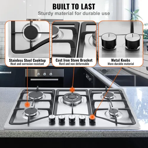 Miniatura 5 de Happybuy Cocina de gas de 30 pulgadas, estufa de gas integrada de 5 quemadores, estufa de gas convertible de 12250 BTU NG/LPG, protección