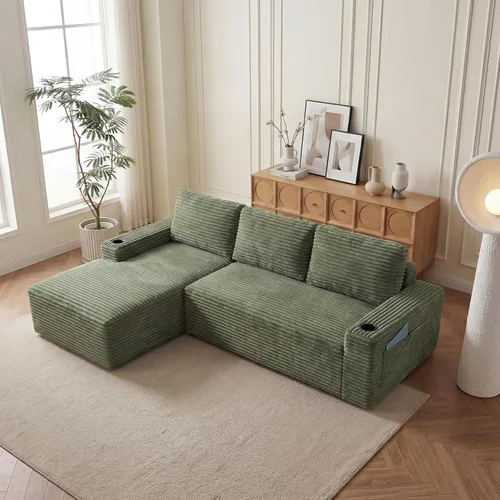 Miniatura 49 de Sofá seccional sin costuras de 108" en forma de L para sala de estar, cómodo sofá de corduroy con chaise, amplios reposabrazos, asiento profundo