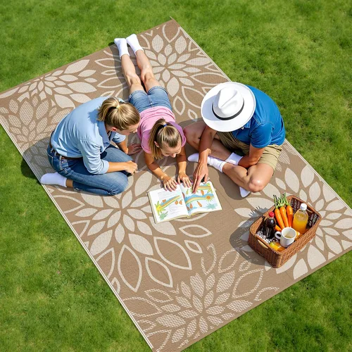Miniatura 7 de HEBE Alfombra impermeable para exteriores de 5 x 8 pies para patios, alfombra de paja de plástico reversible floral, alfombra de patio, alfombra