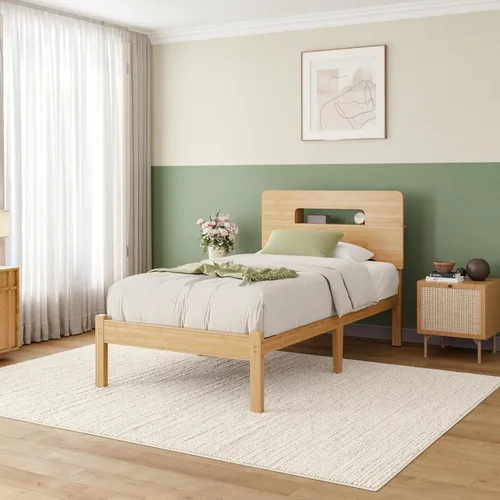 ZIYOO Marco de cama de madera de bambú maciza tamaño individual con cabecera de almacenamiento, marco de cama plataforma de 14 pulgadas tamaño