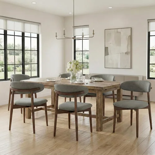Miniatura 16 de Juego de 4 sillas de comedor, sillas tapizadas de estilo granja, sillas modernas de tela para cocina con patas de madera maciza, color camello