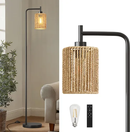 Miniatura 10 de Oneach Lámpara de pie dorada de 66 pulgadas para sala de estar, lámpara de pie bohemia con bombilla LED, interruptor de pie, pantalla de ratán, Oro
