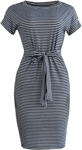 Miniatura 3 de Ceboyel Vestido de verano a rayas para mujer, vestidos cortos de manga corta, con lazo en la cintura, vestido casual de moda, trajes de negocios