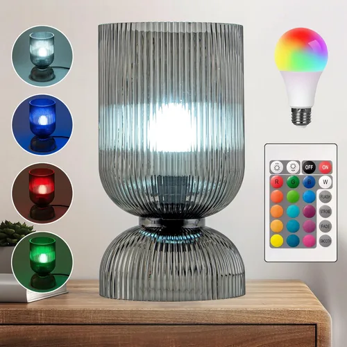 Miniatura 9 de Lámpara de mesa moderna, lámpara de vidrio de mediados de siglo con pantalla de vidrio gris ahumado, lámpara de cabecera con interruptor