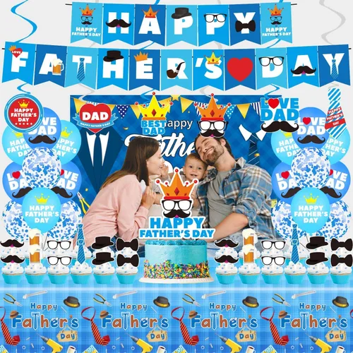 Miniatura 5 de Decoraciones de fiesta del día del padre, juego de suministros para fiesta del día del padre, incluyendo pancarta, remolinos colgantes, globos