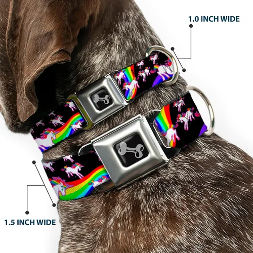 Miniatura 2 de Buckle-Down Collar de perro con hebilla de cinturón de seguridad, unicornios/arco iris negro, 1 pulgada de ancho, se adapta a cuello de 9 a 15
