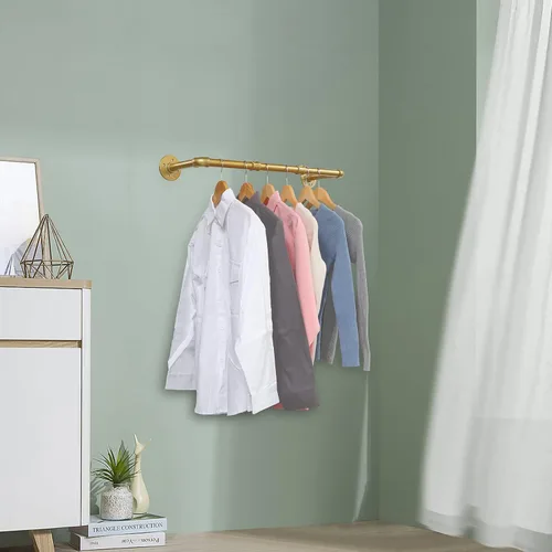 Miniatura 7 de Perchero de ropa de oro de tubería industrial, Perchero dorado montado en la pared de 30 pulgadas, Perchero de ropa de tubería industrial, Barra