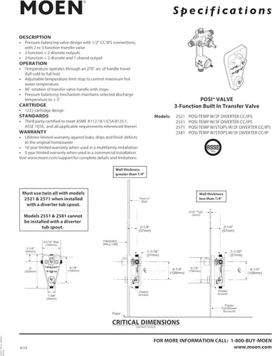 Miniatura 3 de Moen Posi-Temp - Válvula de equilibrio de presión con válvula de transferencia integrada de 2 funciones para moldura de ducha de 2 manijas, CC/IPS