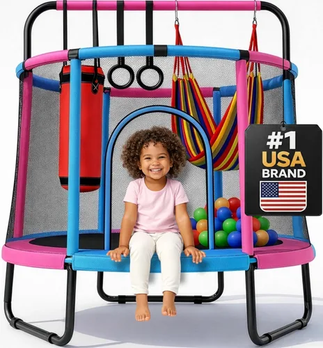 Miniatura 12 de Happin® - Cama elástica de 55 pulgadas para niños con cerca de seguridad, trampolín interior y exterior para niños pequeños, diseño ultra seguro