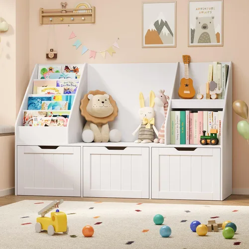 Miniatura 5 de Gizoon Organizador de almacenamiento de juguetes para niños con rincón de lectura, estantería para niños con 3 cajones móviles, rincón de lectura
