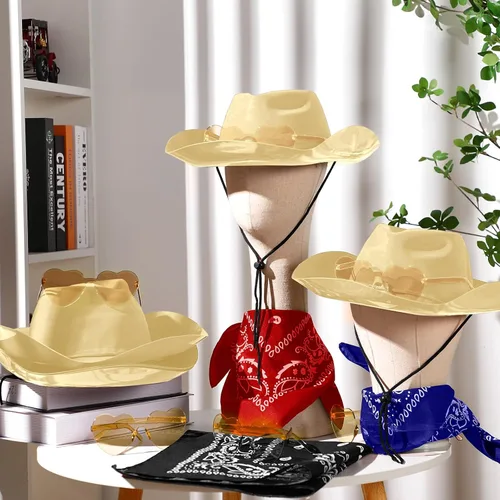 Miniatura 3 de Newcotte Juego de 18 Piezas de Sombreros de Plástico de Vaquero Occidental Incluye 6 Sombreros 6 Bandanas Paisley 6 Pares de Gafas