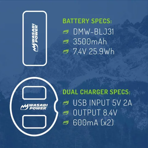 Miniatura 3 de Wasabi Power Batería (paquete de 2) y cargador USB dual para cámaras sin espejo Panasonic DMW-BLJ31 y Panasonic Lumix DC-S1, DC-S1H, DC-S1R, LUMIX S