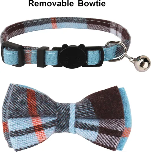 Miniatura 5 de ADOGGYGO Collares de Gato a Cuadros Breakaway con Campana de Lazo, Corbata de Moño Extraíble, Paquete de 2 Collares de Lazo a Cuadros Beige Azul