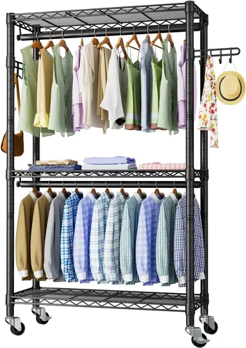 Miniatura 11 de Golpart Perchero de Ropa Resistente con Ruedas, Perchero Rodante para Prendas, Estanterías de Alambre Ajustables para Colgar Ropa con Colgador