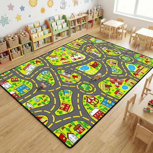 Miniatura 16 de Alfombra de juego para niños (2.6 x 5 pies), 2 unidades, alfombra de carretera para niños, alfombra de mapa de ruta de la ciudad, alfombra
