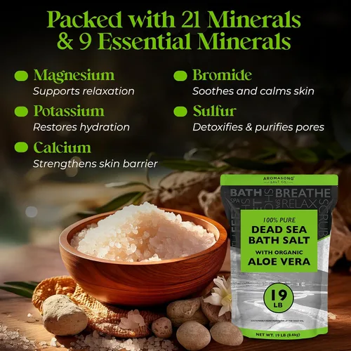 Miniatura 4 de Aromasong Sal orgánica del mar muerto de aloe vera de 19 libras + baño de recuperación muscular paquete de 3 libras – Hidratación calmante