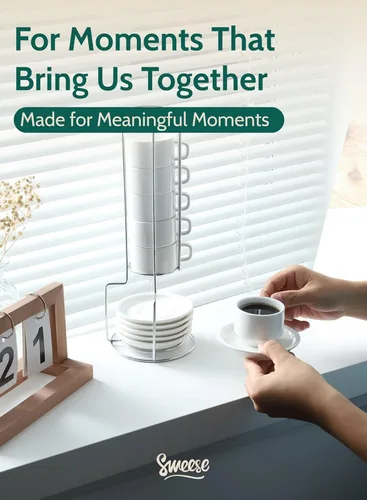 Miniatura 6 de SWEESE - Tazas de porcelana apilables, de 8 onzas, con platillos y soporte de metal, para bebidas especializadas del café, capuchino, latte, Blanco