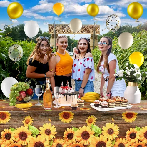 Miniatura 5 de Tiamon Juego de 53 guirnaldas de arco de globos dorados y amarillos, 1 pancarta de fondo de feliz cumpleaños, 2 manteles de plástico de girasol
