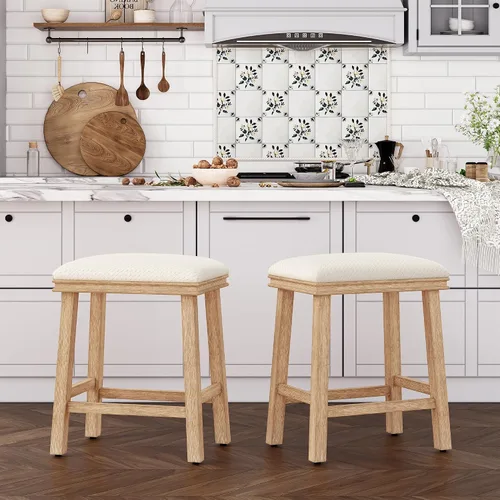 Miniatura 12 de ALPHA HOME Taburete de bar, taburete de cocina de silla de montar de madera maciza con cojín de tela de lino beige, taburete de bar de altura