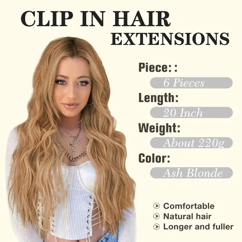 Miniatura 2 de NAYOO Extensiones de cabello con clip, de 20 pulgadas, largo, ondulado, rizado, rubio ceniza, extensiones de cabello sintético de cabeza completa