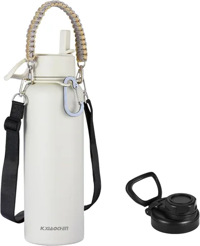 Miniatura 25 de KXIAOCHEN Botella de agua aislada, botella de agua de acero inoxidable, 2 tapas (con pajilla y tapa con asa), botellas de agua metálicas de boca