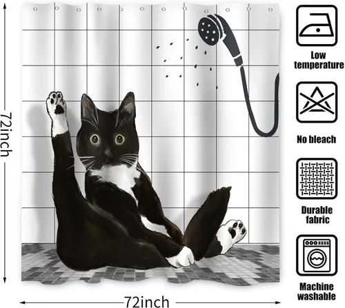 Miniatura 7 de Cortina de ducha de gato negro, divertido gatito lindo a cuadros, lavable a máquina, impermeable, tela duradera para decoración de baño, bañera