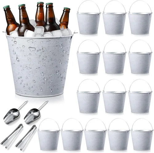 Miniatura 12 de Zopeal Juego de 24 cubos de cerveza galvanizados, 16 cubos de metal con 4 cucharadas y 4 pinzas, cubo de hielo rústico de 7 pulgadas para fiestas