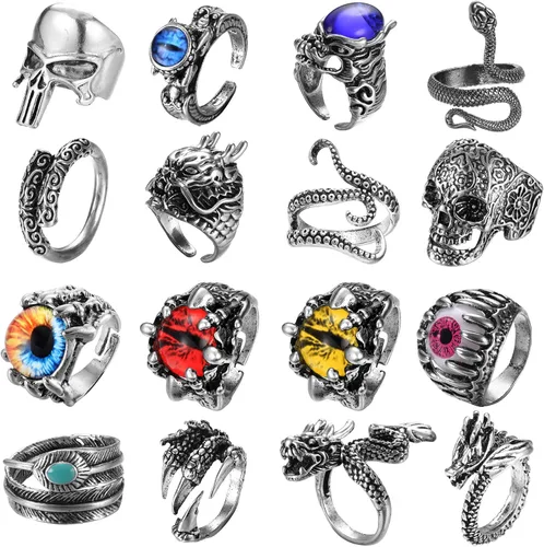 FIBO STEEL 16 piezas vintage punk anillos para hombres, mujeres tipo gótico, de plata, dragón negro, serpiente, garra, cráneo, pulpo, ojos del
