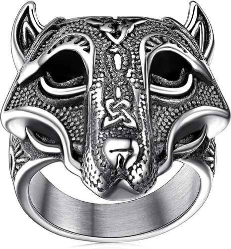 FaithHeart Norse Viking Jewelry - Anillo de acero inoxidable de guerrero para hombre con diseño vikingo de cabeza de lobomartillo de Thor,
