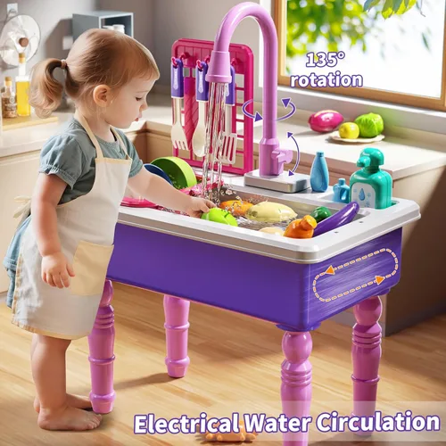 Miniatura 2 de JUKUDAHU Fregadero de juegos con agua corriente, fregadero de juguetes de cocina para niños de 3, 4, 5, 6, 7 años, lavavajillas eléctrico, juego