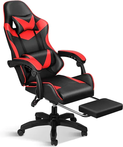 YSSOA Silla giratoria de videojuegos y para oficina, ergonómica, con respaldo alto y asiento de altura ajustable, color rojo Rojo con reposapiés