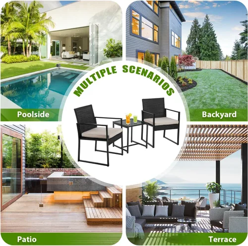 Miniatura 7 de PayLessHere Juego de muebles de patio al aire libre de 3 piezas Caqui Moderno juego de bistró de ratán con sillas acolchadas y mesa de centro