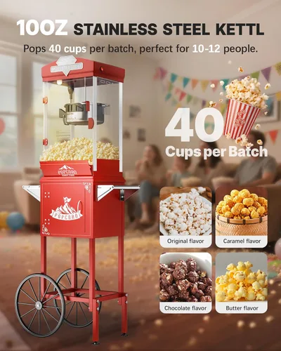 Miniatura 4 de Carro de máquina de palomitas de maíz de 10 onzas, máquina para hacer palomitas con rueda y hervidor de acero inoxidable que hace hasta 40 tazas