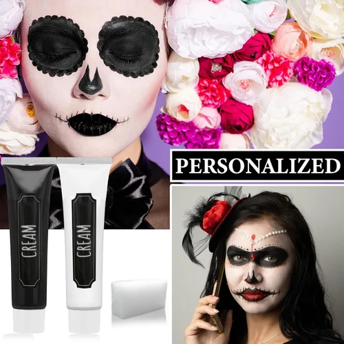 Miniatura 7 de Kit de maquillaje de pintura facial de Halloween, pintura corporal negra y blanca, efectos especiales, fiestas, bromista blanco, cosplay, disfraz