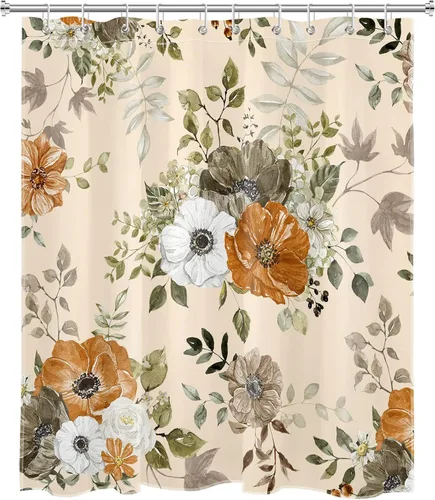 Miniatura 2 de LB Cortina de ducha floral de otoño, flores silvestres blancas y naranjas y hojas de arce gris sobre tela beige con ganchos, juego de baño botánico