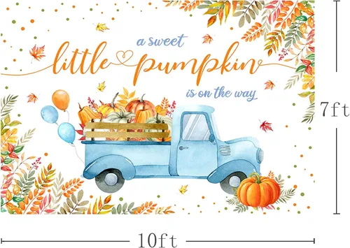 Miniatura 4 de MEHOFOND Telón de fondo de calabaza para baby shower de 7 x 5 pies, diseño de calabaza dulce está en camino, fondo azul para fotografía de hojas