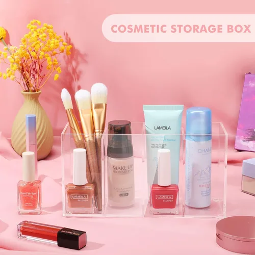 Miniatura 5 de Organizador de maquillaje acrílico de 4 compartimentos con tapa, organizador de carrito de pestañas para Lash Techs, almacenamiento de baño con 4