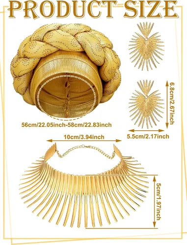 Miniatura 3 de Yinkin Juego de joyas africanas para mujer, para fiestas, doradas, collares, baberos, turbante africano, para fiestas temáticas