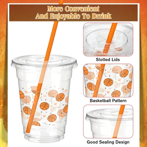 Miniatura 3 de Yaomiao 300 Piezas Vasos de Plástico de Baloncesto de 12 oz con Tapas y Pajitas Vasos Transparentes Desechables de Plástico Feliz Fiesta Temática