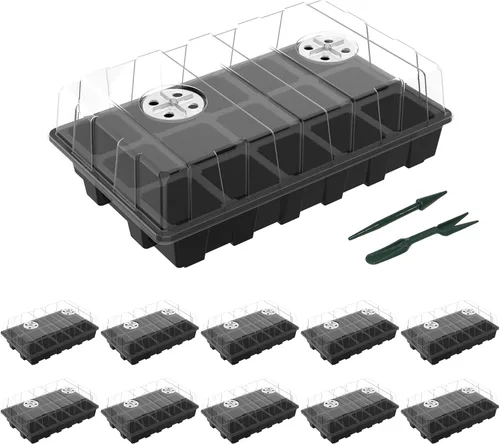 Miniatura 9 de Gardzen Juego de 5 bandejas de inicio de semillas, bandejas duraderas para germinación de plantas con cúpulas y bases ventiladas de humedad, ideal