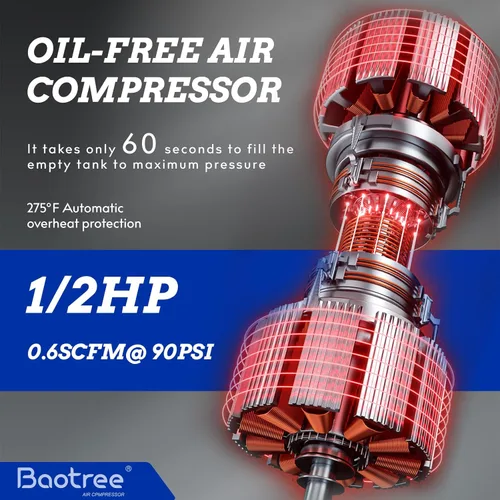 Miniatura 3 de Baotree Compresor de aire portátil de 8 galones, tanque de compresor de aire libre de aceite máximo de 150 PSI, motor de 2 HP 2.8 SCFM a 90 PSI