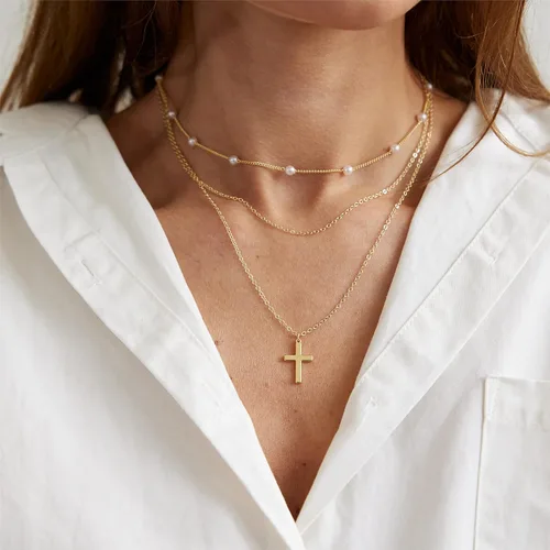 Miniatura 2 de VIROMY - Delicado collar de oro para mujer, chapado en oro de 14 quilates, collar de satélite de triple capa, collar de clip con cadena