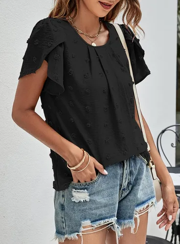 Miniatura 2 de Beaully Blusas de verano para mujer, estilo bohemio, de manga corta, cuello redondo, encaje de ganchillo, blusas de gasa