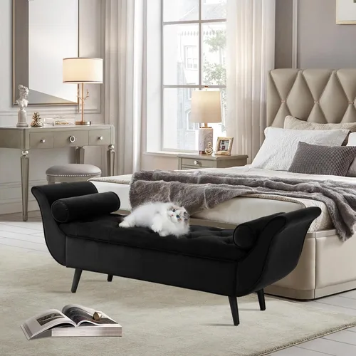 Miniatura 12 de Banco de almacenamiento de terciopelo para dormitorio, banco de extremo de cama con otomana, bancos tapizados con botones capitoné tamaño King