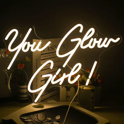Letrero de neón con texto en inglés "You Glow Girl" con luz LED blanca cálida para decoración de pared, letras USB, luces de neón para dormitorio,