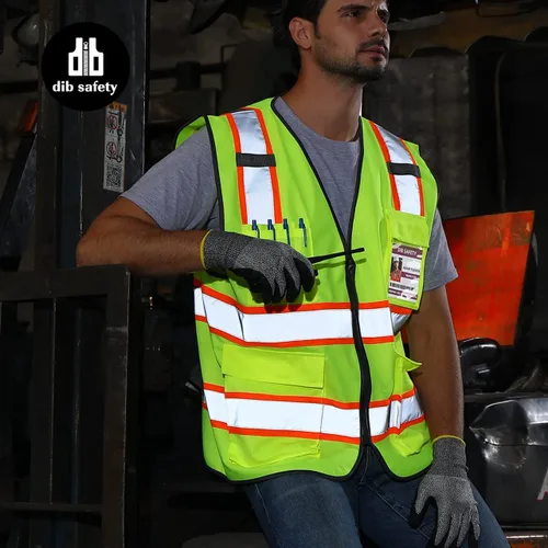 Miniatura 5 de Dib Safety Chaleco reflectante de alta visibilidad en dos tonos con bolsillos y cremallera, cumple con ANSI Clase 2, amarillo con ribete naranja, XL