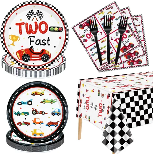 81 piezas de decoraciones para fiesta de segundo cumpleaños Two Fast Race Car - Platos de autos de carreras, servilletas, mantel para fiesta de