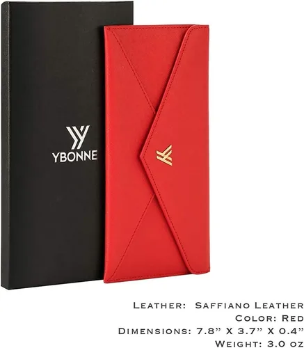 Miniatura 6 de YBONNE Cartera larga RFID que bloquea el bolso del sobre de las mujeres, hecho de cuero Saffiano (rojo)